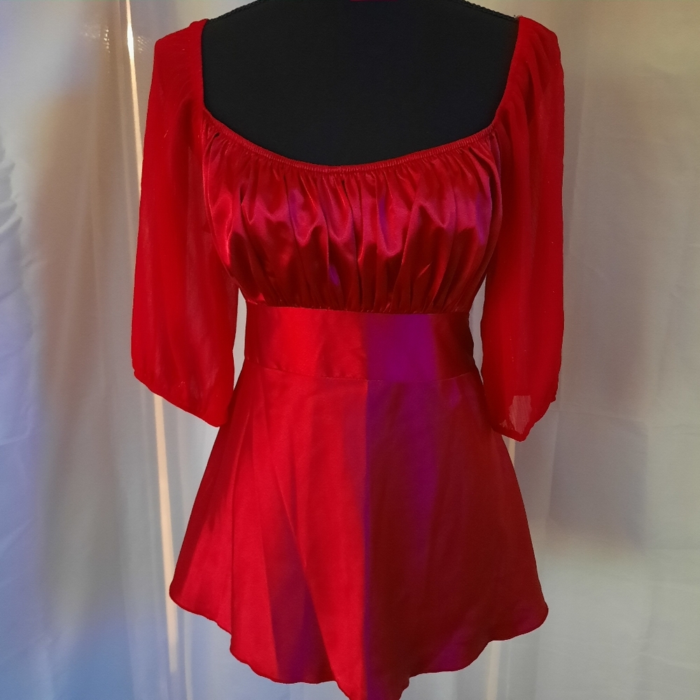 Red Milkmaid Top By Candies Womens Lg Sheer Sleeves Y2k Fairy Tie Back Holiday